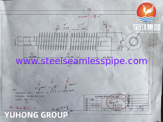 Tipo de tubo incorporado con aletas de aluminio ASME SA179 con aletas de aluminio A1060